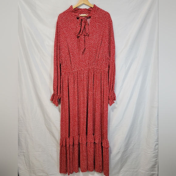 Ava&Viv Ruffled Tiered Tie-neck Long Sleeve Red Maxi Dress Peasant, Grannycore - Picture 3 of 11